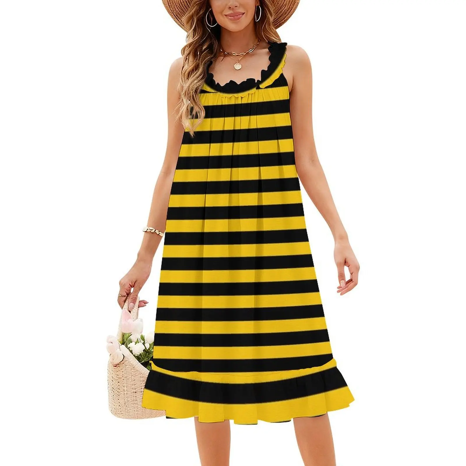 فستان هيب هوب نسائي مخطط باللونين الأسود والأصفر بنمط النحل مطبوع عليه رسومات جرافيك للحفلات والنوادي مخطط باللون الأسود والأصفر #5