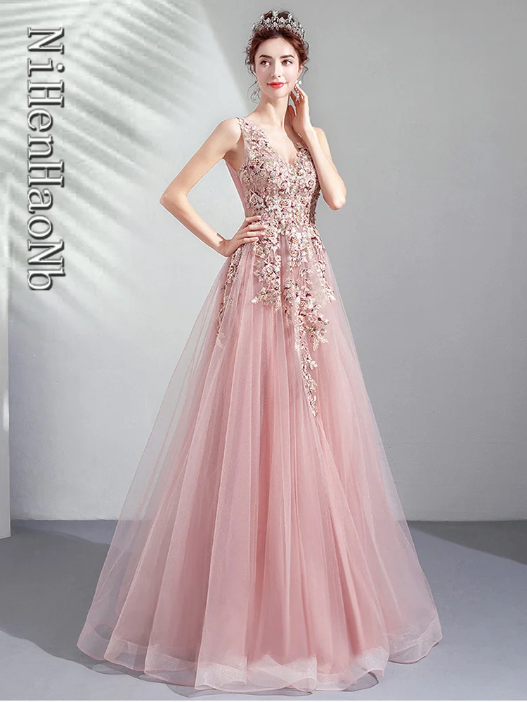 Robe de soirée élégante à col en V pour hôtesse, robes Quinceanera, rose, étudiant, nouveau, 2023