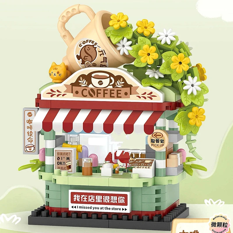 Architettura fai-da-te Ristorante Caffetteria Gelato Negozio di auto Street View Kit di blocchi di costruzione Ragazze Mattoni Modello classico Giocattoli per bambini