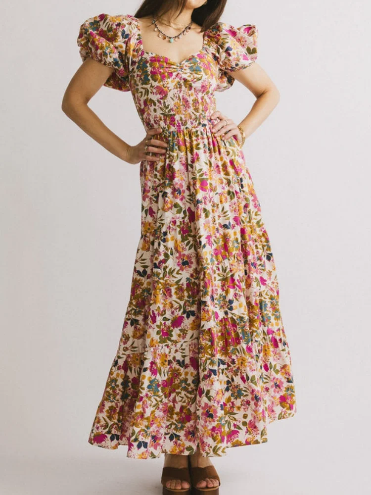 Mulher floral puff manga maxi vestido quadrado pescoço plissado vestidos longos fluidos boho em camadas uma linha vestido de verão