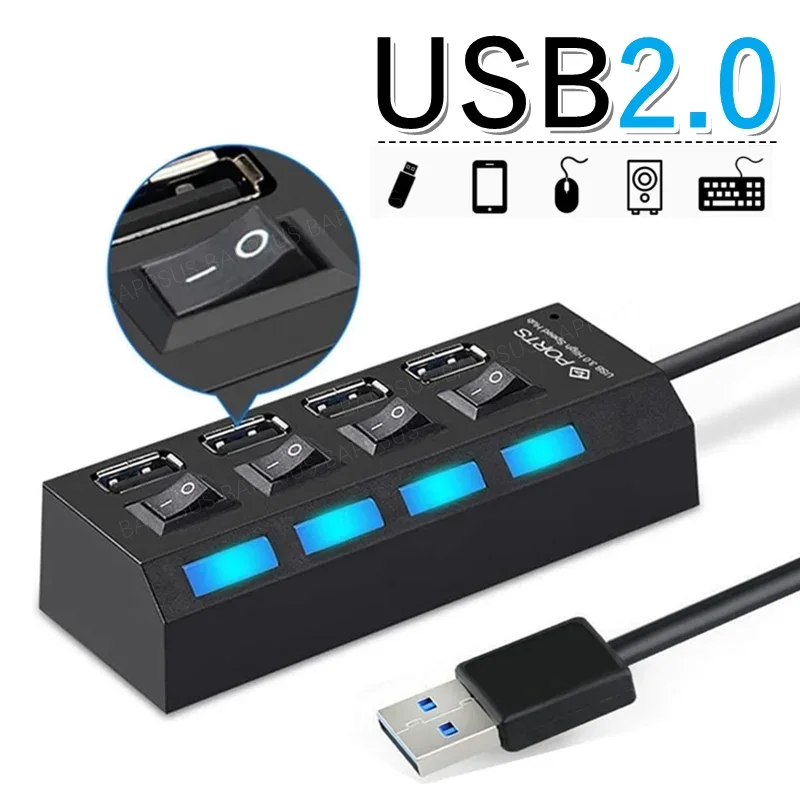 For Computer Laptop Multi-Functional Docking Station with Switch HUB Expander 4Ports USB 2.0 Hubs LED Splitter Power Adapter