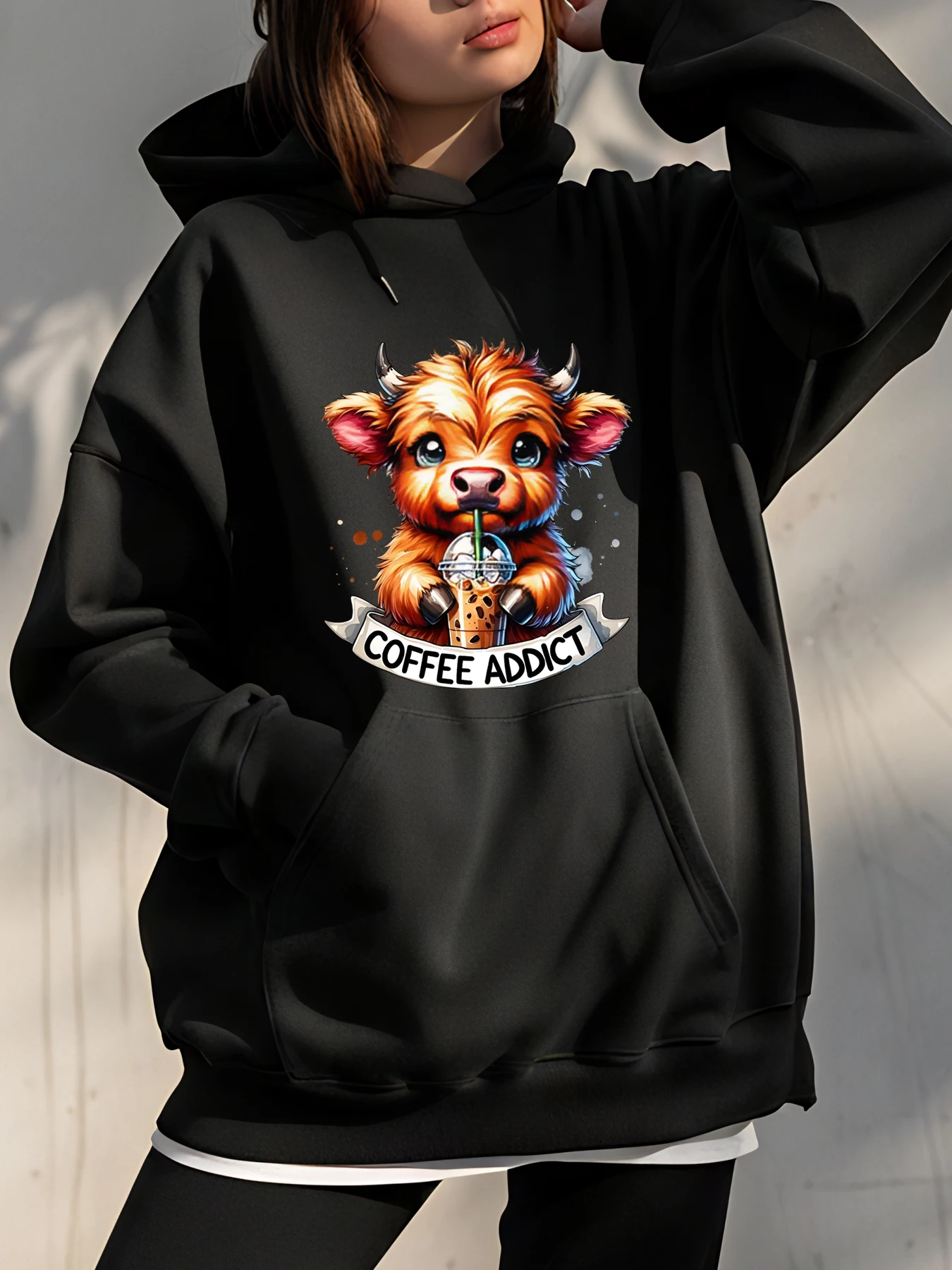 Coffee Addict Cow Print Hoodie Unisex Casual Sweatshirt for Coffee Lovers Women Men Streetwear Fashion