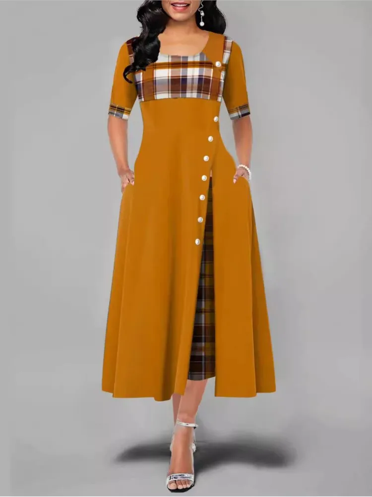 المرأة غير النظامية شعرية المرقعة فساتين طويلة أزرار خمر س الرقبة نصف الأكمام سيدة عادية التنقل فستان الموضة #2