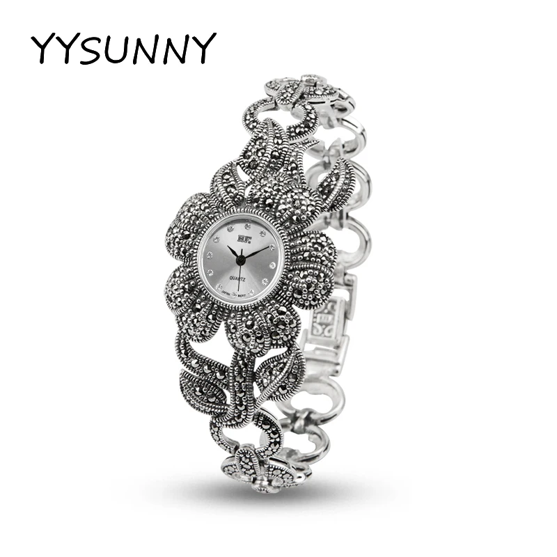 

YYSUNNY Classic S925 Sterling Silver Fashion Floral Style Wrist Watch for Women Elegant Jewelry Mother's Day Birthday Gift