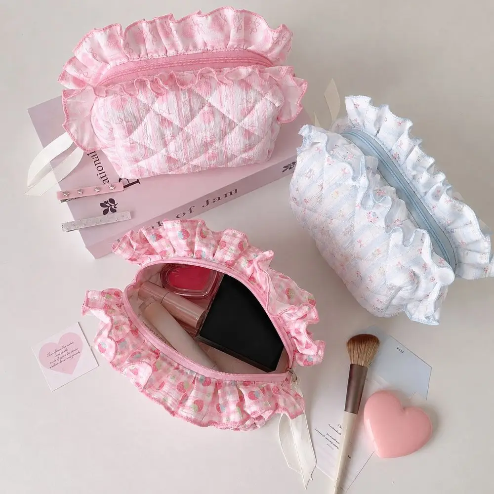Durable Ruffle Lace Makeup Bag Floral Print Large Capacity Cosmetic Pouch Portable Pencil Case Women Girls