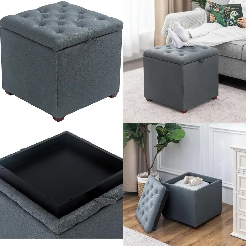 مسند تخزين مربع رمادي مقاس 18 بوصة من Adeco مع صينية، وطاولة قهوة عثمانية صغيرة مكعبة تتميز بأظافر باريس المزخرفة، مثالية لـ #1