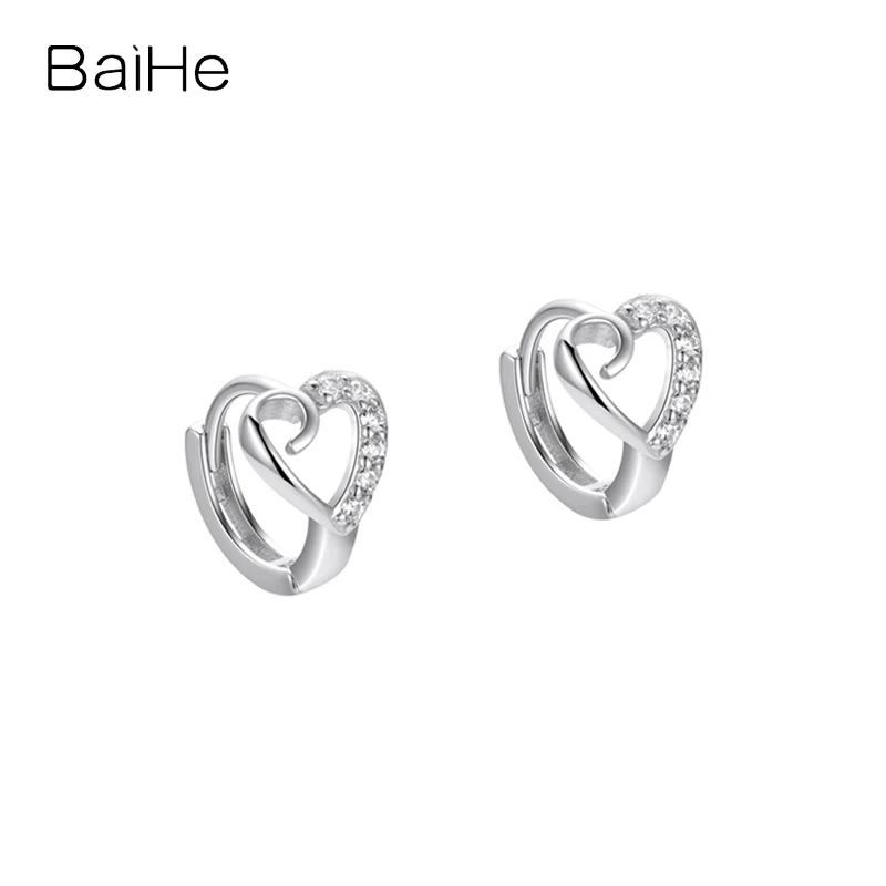 BAIHE Solid 14K White/Yellow/Rose Gold moissanite Heart Ear Clip Earrings women Daily Wear Wedding Trendy Fine Jewelry Серьги