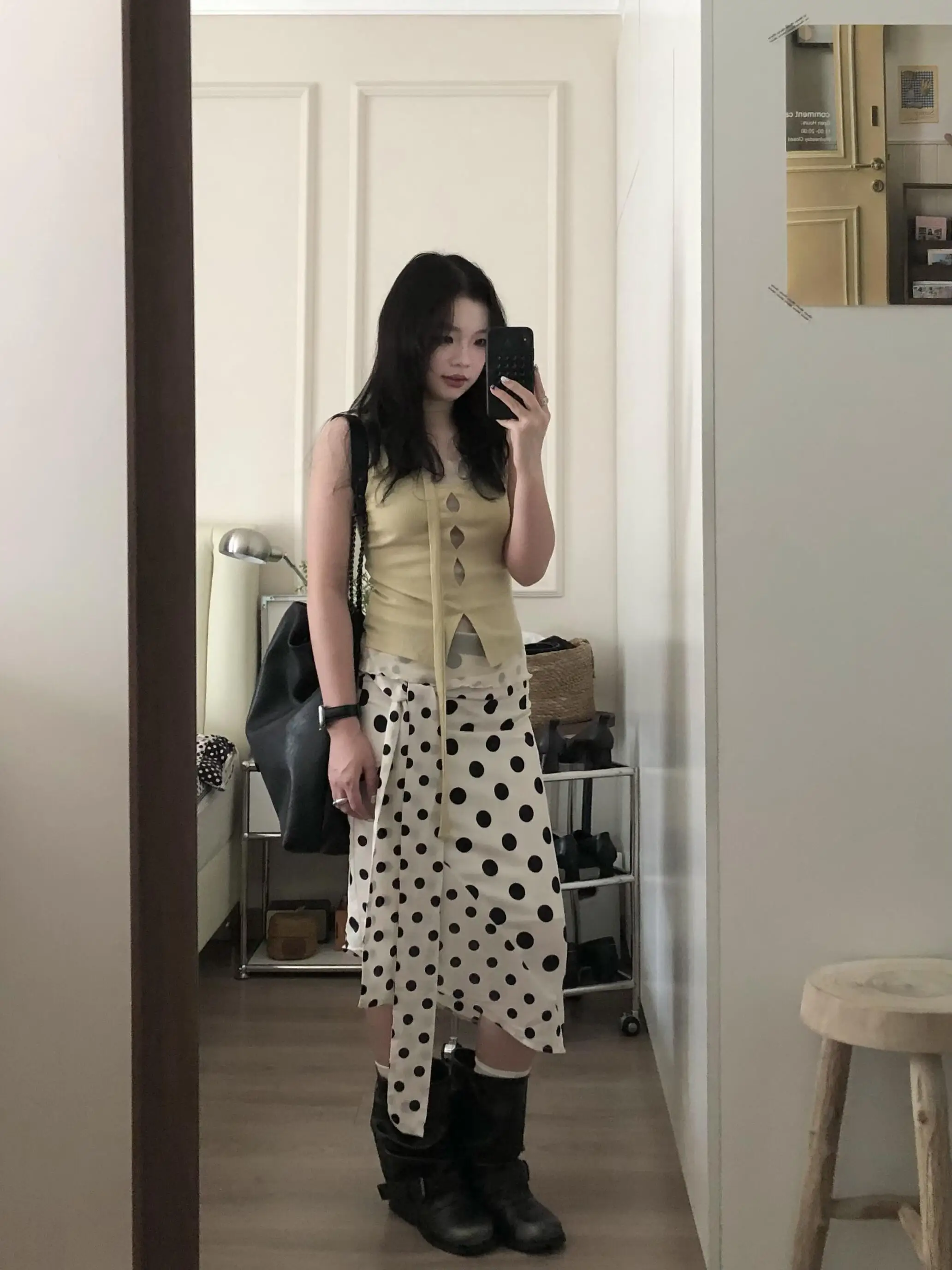 American Retro Splicing Elastic Waist Head Versatile Slant Cut White Polka Dot Half Skirt Women Spring Summer Irregular mid L...