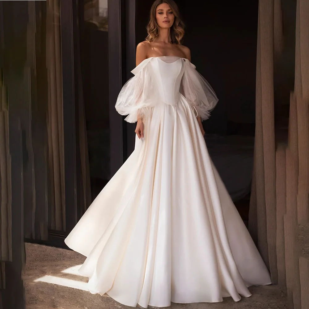 

Off Shoulder Sweetheart Puff Sleeves Wedding Dresses Simple Floor Length Pleated Bride Gowns Backless A-line Wedding Gown