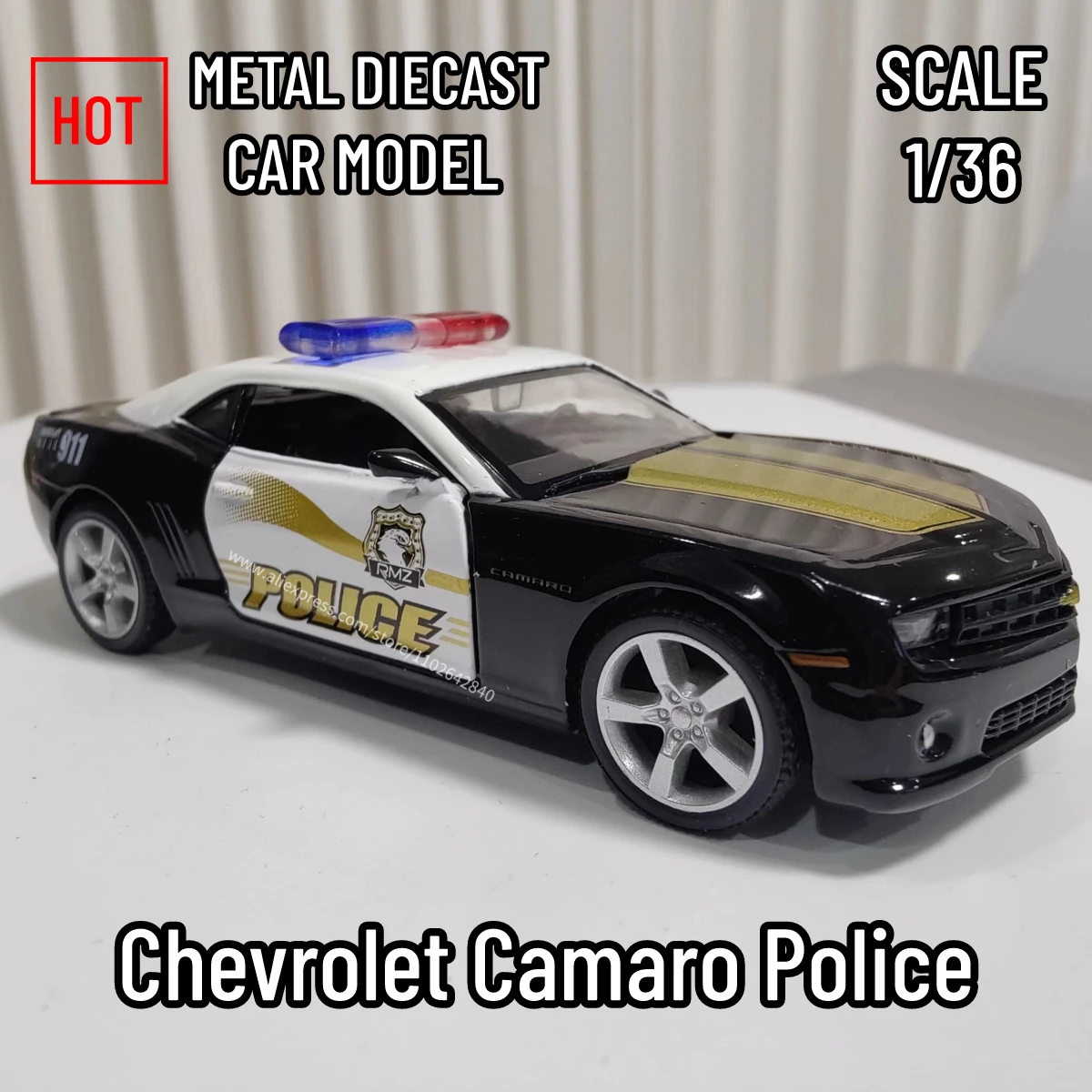 1:36 Chevrolet Camaro Police Car Model Replica Scale Metal Miniature Art Home Decor Hobby Lifestyle Xmas Kid Gift Toy Collection