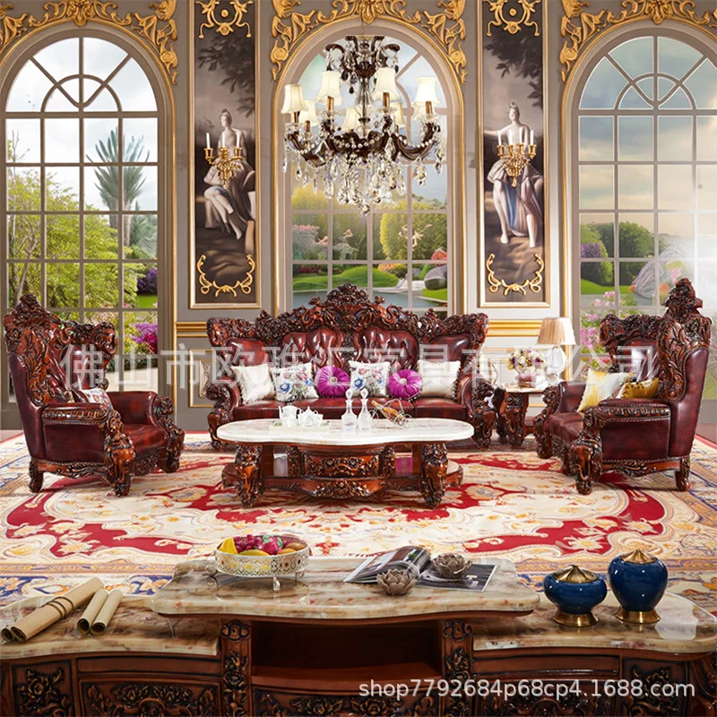 European-style Living Room First-layer Cowhide Leather Sofa Combination Furniture, Villa High-end Elephant Leather Sofa