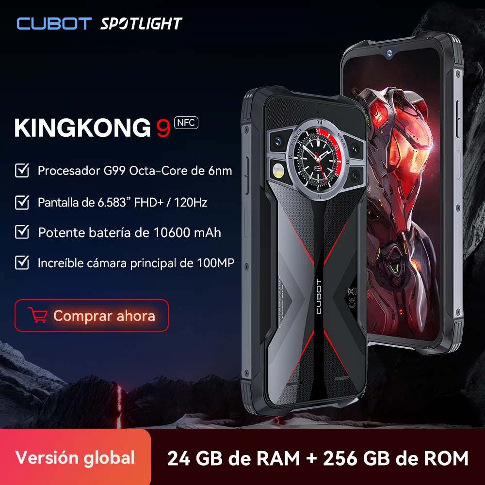 Cubot KingKong 9, Helio G99,Octa-Core, pantalla FHD+ de 120 Hz y 6,583", 24GB de RAM(12GB+12GB extendidos), ROM de 256GB, IP68 rugged smartphone, 10600mAh,cámara de 100MP, moviles baratos y buenos nuevos 2023,NFC movil