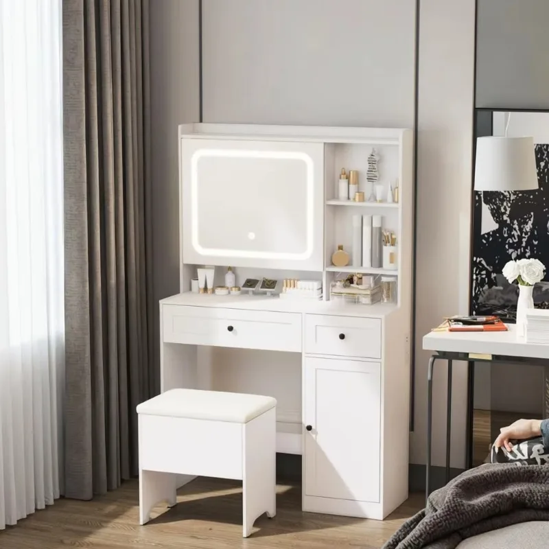 Dresser with hidden storage mirror cushion stool 5 compartments 2 drawers vanity mirror