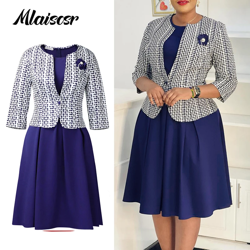 Mlaiscsr Luxury African Mid Dresses Ses for Women Office Lady Long Sleeve Print Jacket Coat and Mid Dress Two Piece Suit Vestido