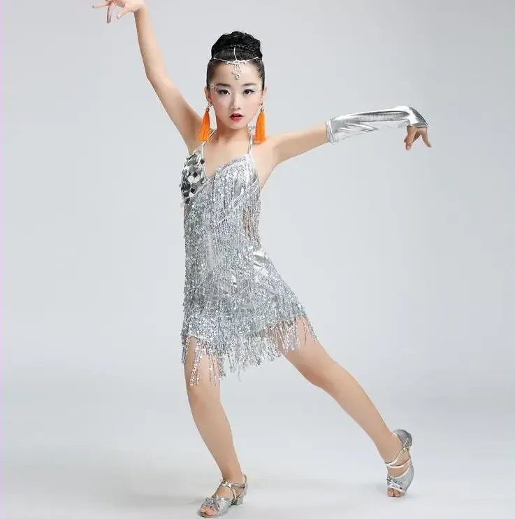 ชุดชุดเดรสเต้นรำละตินสำหรับเด็กผู้หญิงชุดฝึกเต้นชุดเลื่อมชุดเต้นรำบอลรูมสำหรับเด็ก