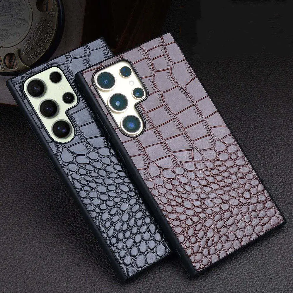 

Luxury Genuine Cowhide Leather Slim Case for Samsung Galaxy S23 S24 Ultra Crocodile Business Back Cover