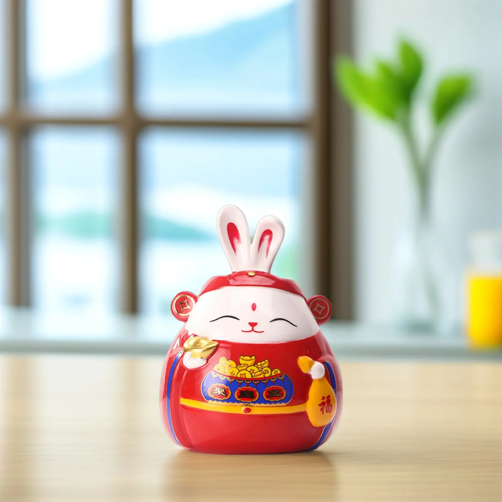 Rabbit Ceramic Piggy Bank Coin Saving Jar – Desktop Decorative Auspicious Statue with Back Opening