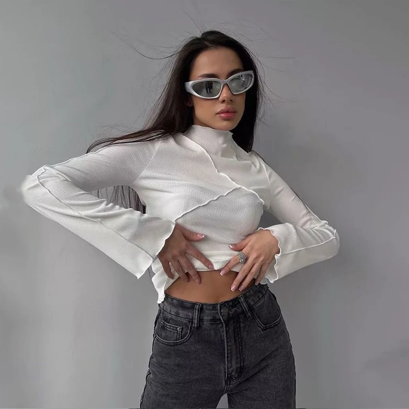 Elastic Turtleneck Women Long Sleeve T-Shirts Patchwork Tight Sexy Slim Crop Top Y2K Harajuku Fashion Goth Trend Cropped T Shirt