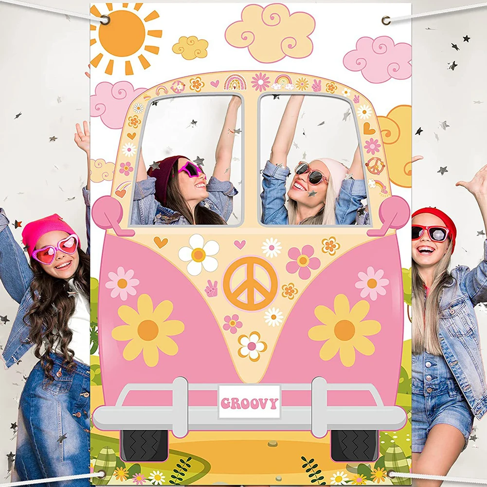 Hippie Photo Booth Props Groovy Bus Non Deformation For 60S 70S Tear Resistant Groovy Photo Booth Fram