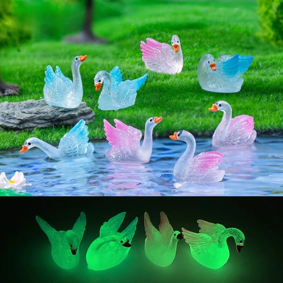 10pcs Resin Swan Glow in The Dark Miniature Swans Figurines Ornaments for DIY Dollhouse Home Garden Moss Landscape Decora