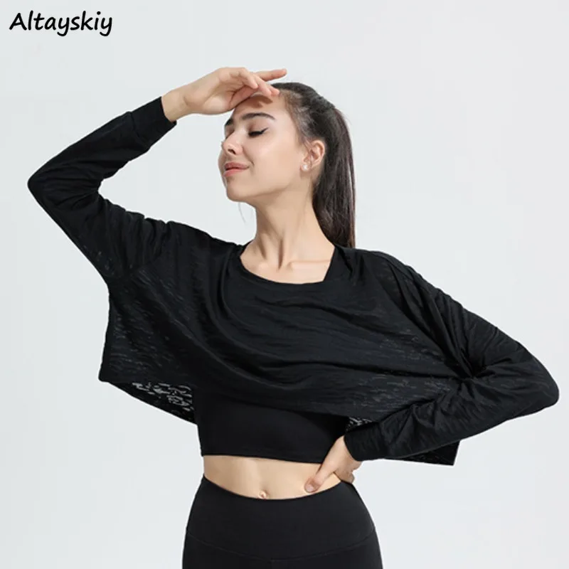 Long Sleeve T-shirts Women Solid Loose O-neck Cropped Tops Dancing Popular Streetwear Breathable All-match Clouthes Chic New