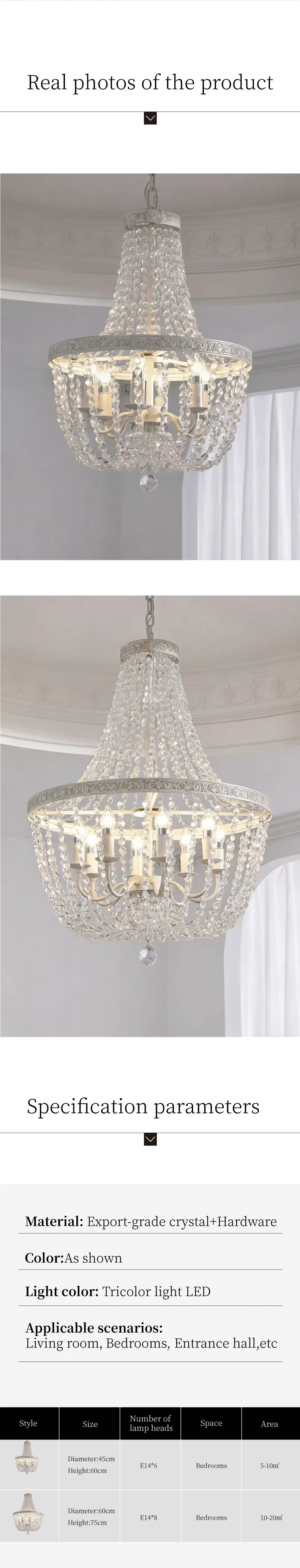 American K9 Crystal E14 Pendant Lights French White Iron