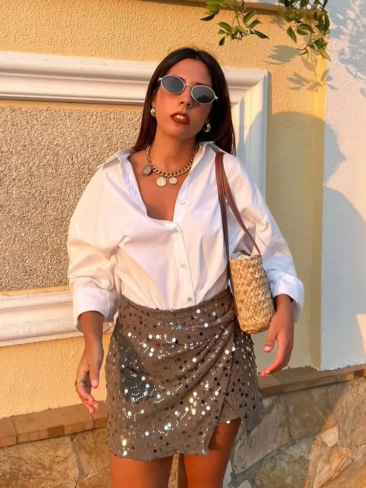 

HH Women Autumn Fashion Elegant Sequined Asymmetrical Mini Skirt Female Temperament Zipper Lining Casual Slim A-line Skirts