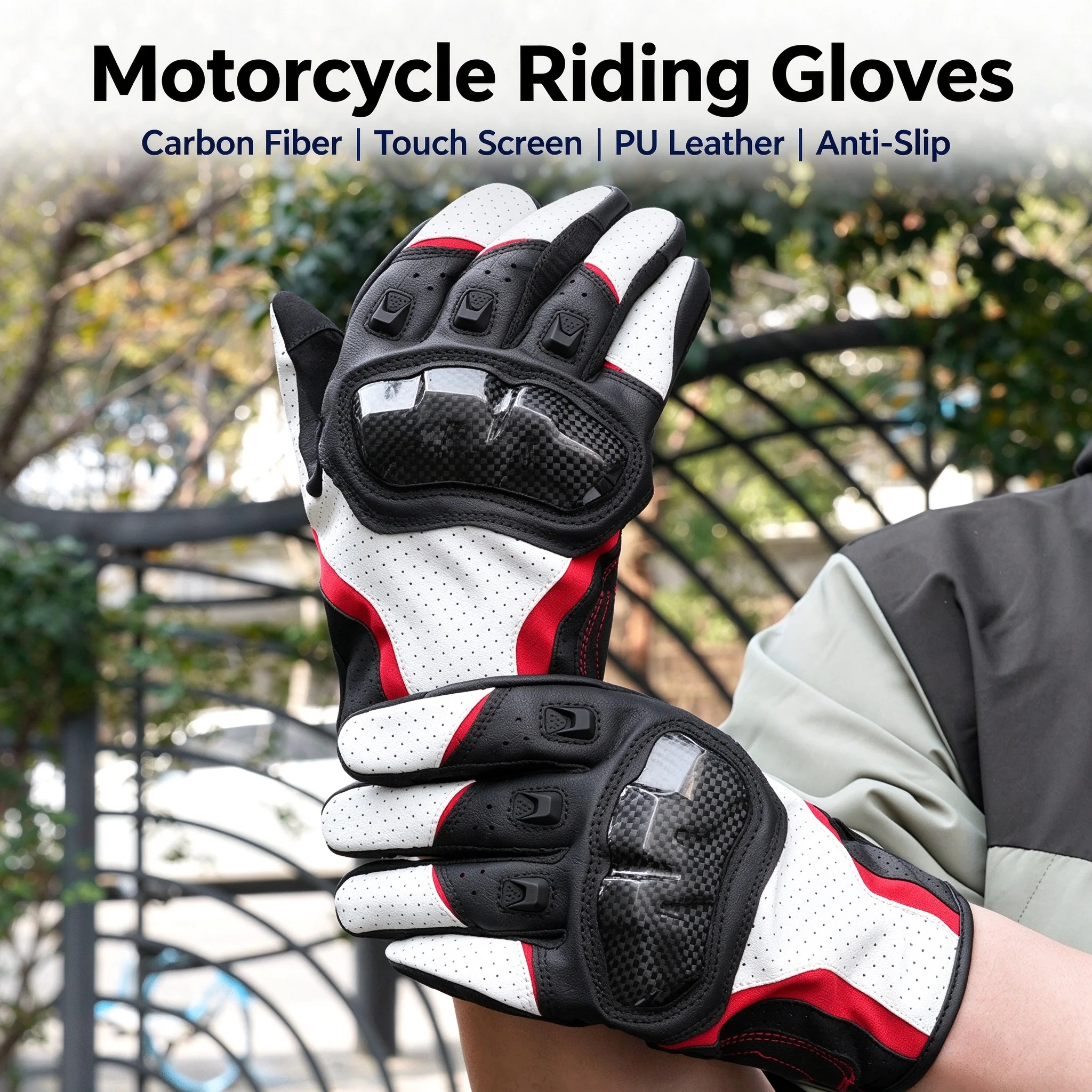 Motorcycle Gloves PU Leather Carbon Fiber Shell Touch Screen Anti-Slip Winter Fleece Summer Breathable Unisex Warm Riding Gloves