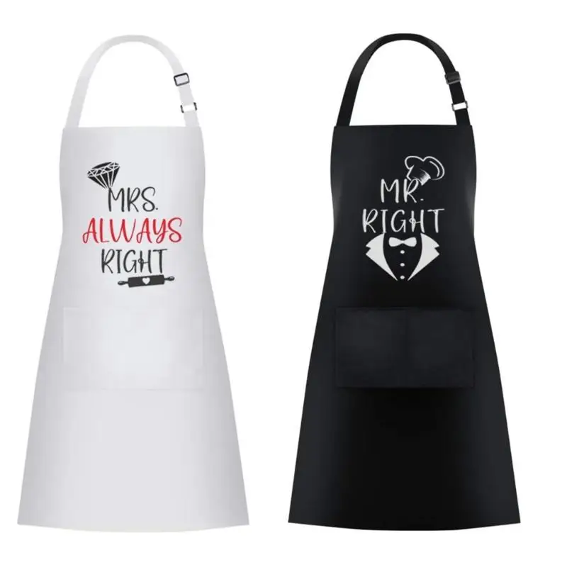 

652F Black MR & Mrs Couple Aprons Polyester Blend Cooking Apparel Adjustable Neck Straps For Home Chefs