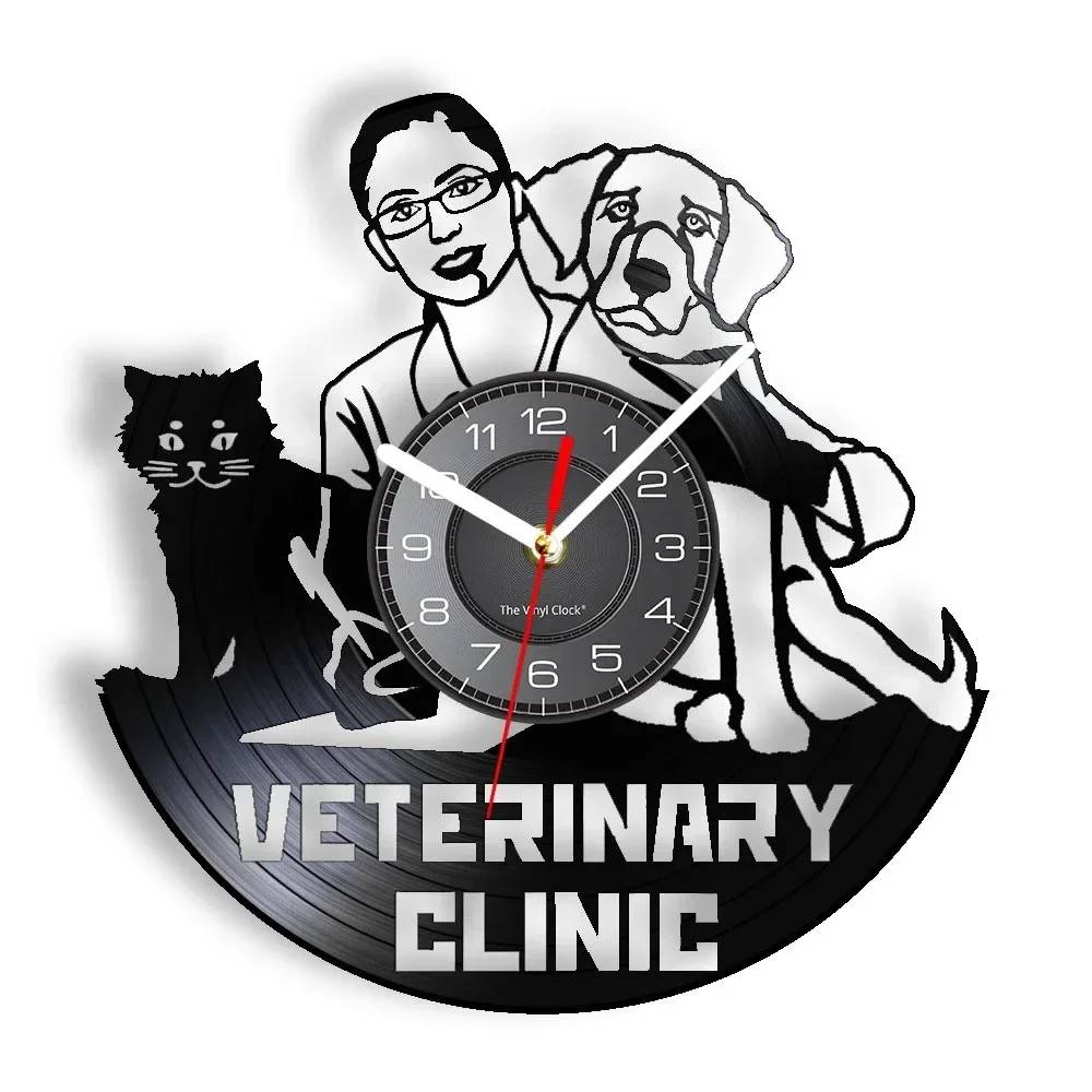 Pet Clinic Decoration Wall Clock Healing Dog and Cat Animal Hospital LED Vinyl Record Wall Watch Veterinary Decoration Gift