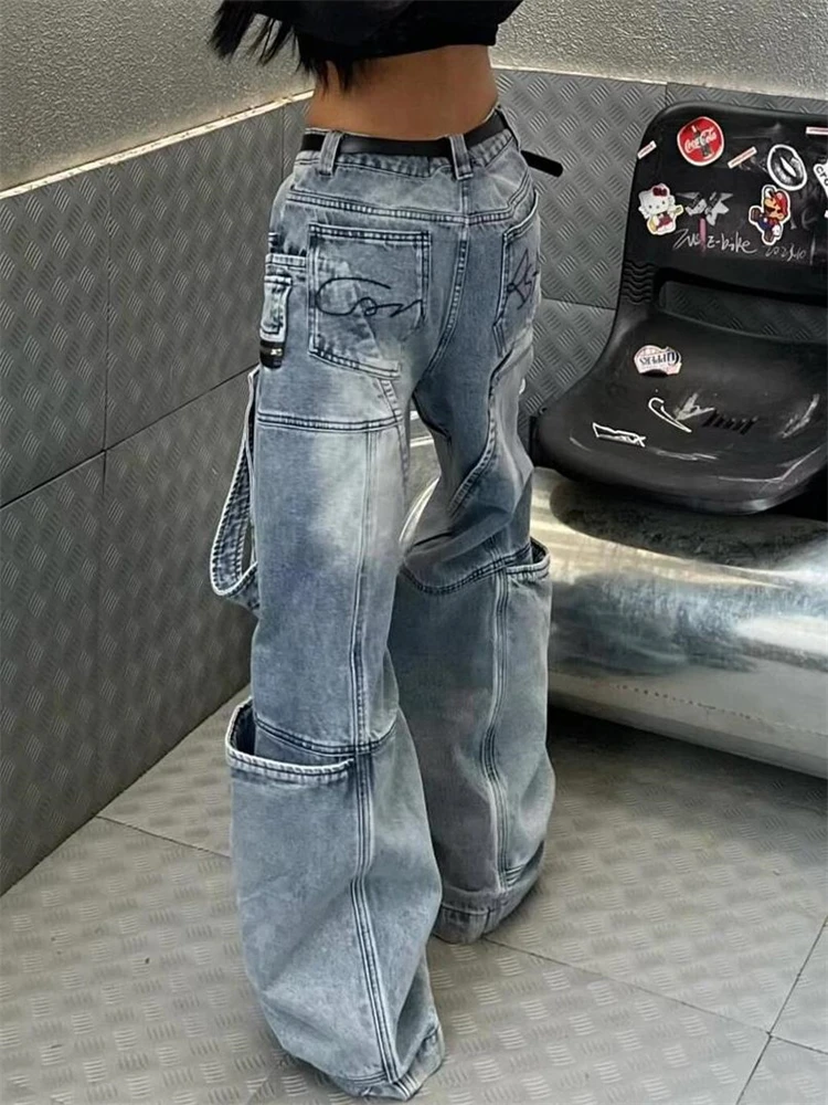 Women's Structural Splicing Vibe Blue Straight Denim Pants Unisex High Waist Jeans Vintage Bottoms Female Wide-leg Trousers