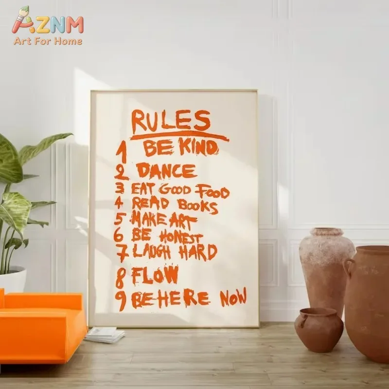 AZNM Life Rules Be Kind Wall Art Canvas Print, Retro Handwritten Quote Poster Frameless Wall Decor for Living Room Bedroom