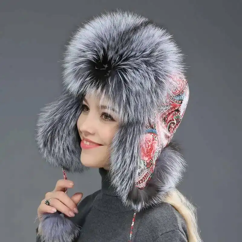 Fox Fur Hat Winter For Women Luxury Lei Feng Hat With Ear Protector Russians Thickened And Warm Fur Caps Genuine Fur Bomber Hat