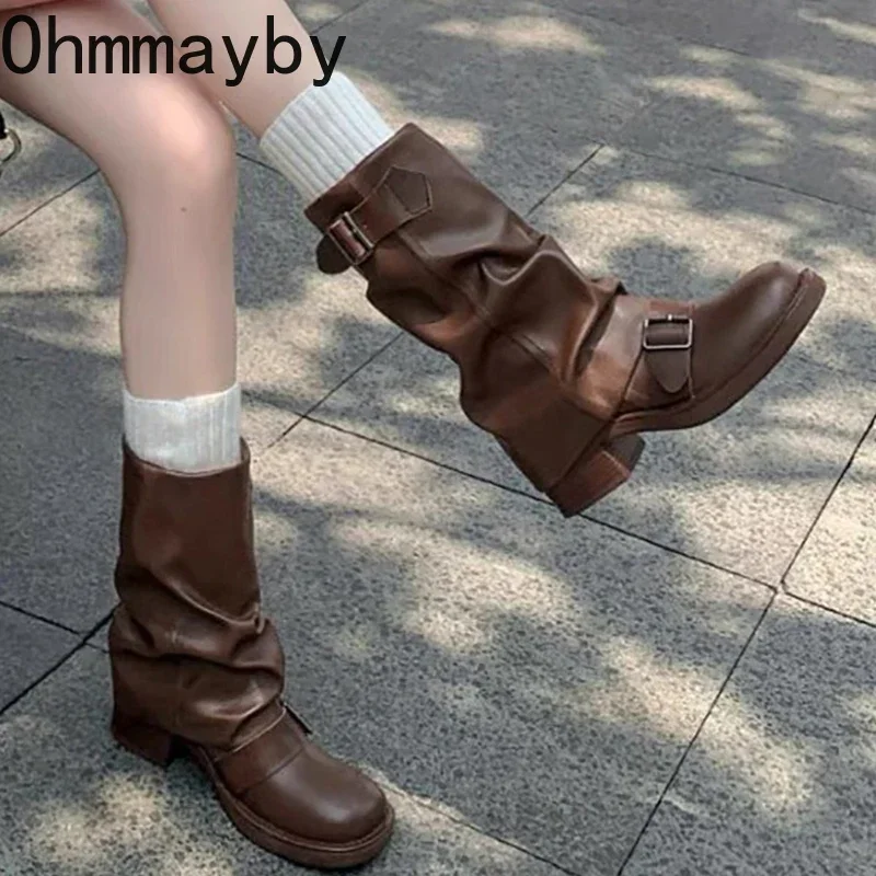 Damskie botki Western Cowgirl modne wsuwane botki do połowy łydki w stylu Retro gruby obcas jesienne buty damskie