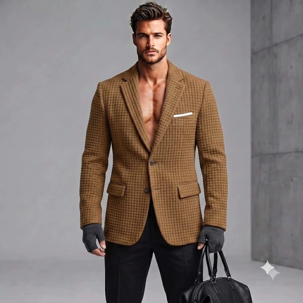 Autumn Winter Men Textured Waffle Blazer Notched Collar Single‑Breasted Casual Suit Jacket Solid Color Business Daily Male Outer