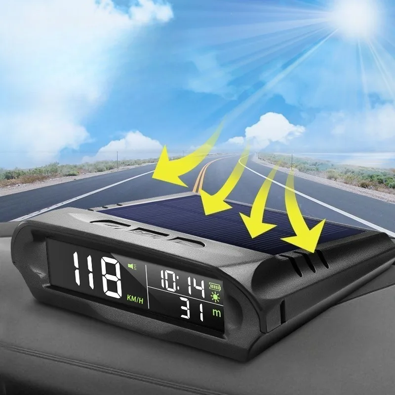 For Car Solar Powered GPS HUD Head Up Display Speedometer with Speed Time Altitude Compass Universal Dashboard Accessories