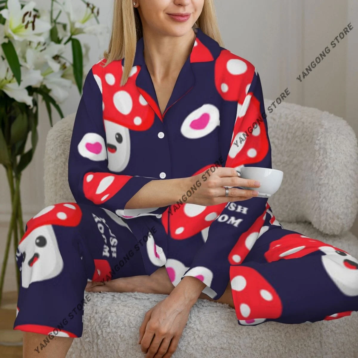 

Spring and Autumn Long Sleeve Pants Pajamas Loungewear Set Cartoon Mushrooms Background Women's Pull Edge Loose Sleeping Suit