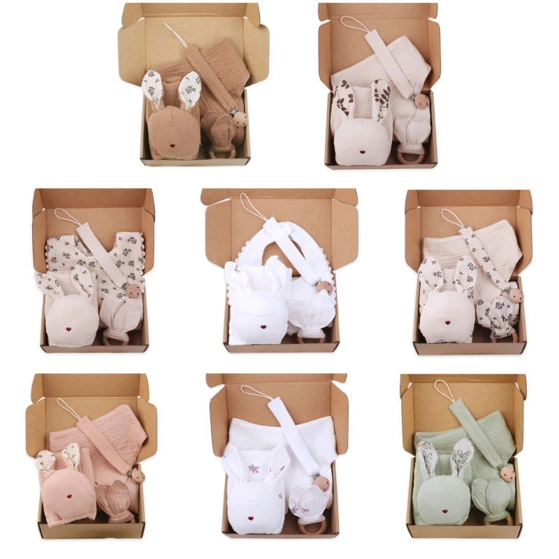 

5PCS Baby Bib Comfort Set with Teether Newborn Giftbox Set Blanket Shower Gift Animal Rattle Teether Baby Teething Gift