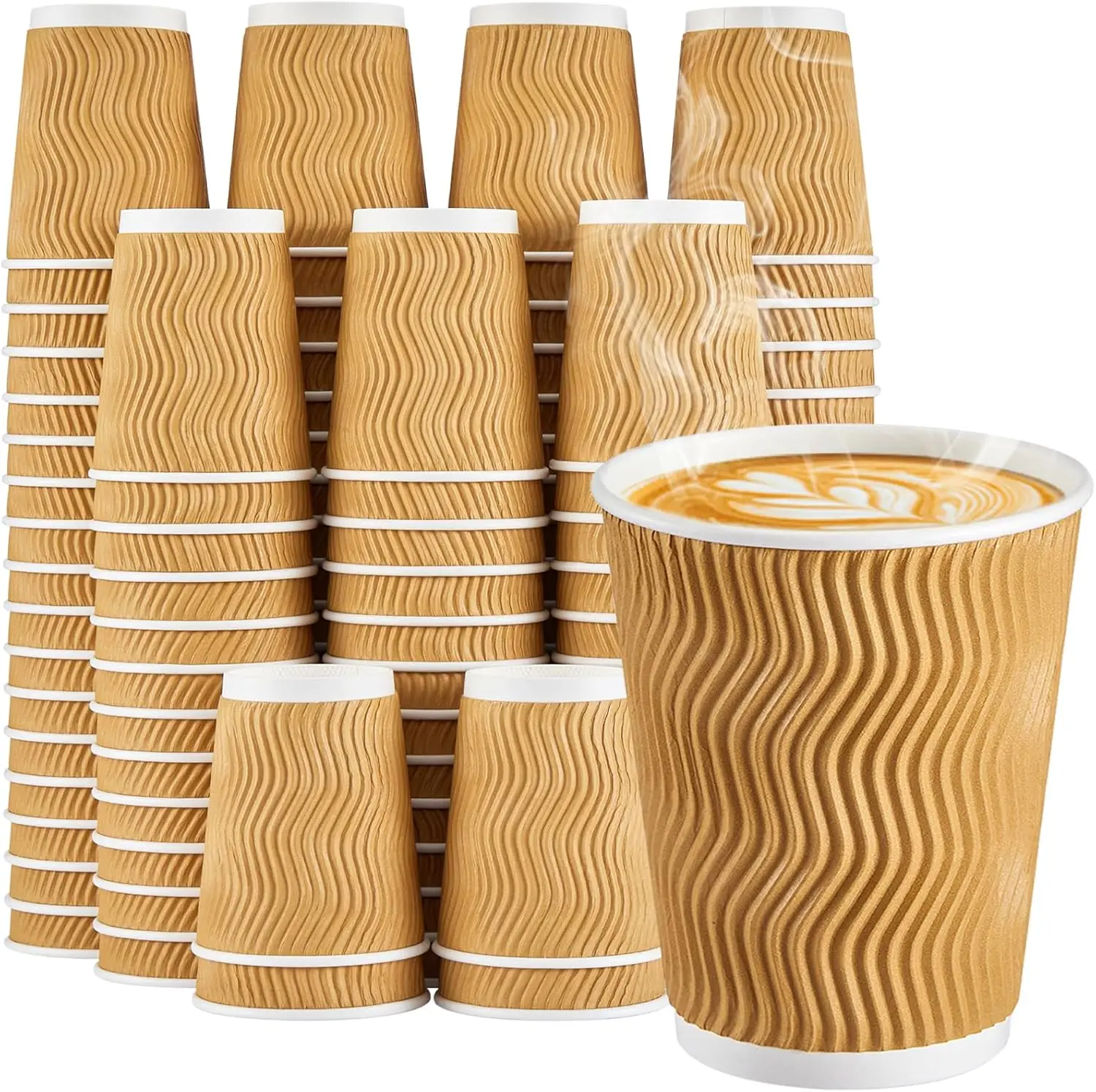 

8 oz Coffee Cups - 150 Pack, Insulated Disposable Paper Cups 8 oz, Corrugated Ripple Wall Cups for Hot Beverage or Cold