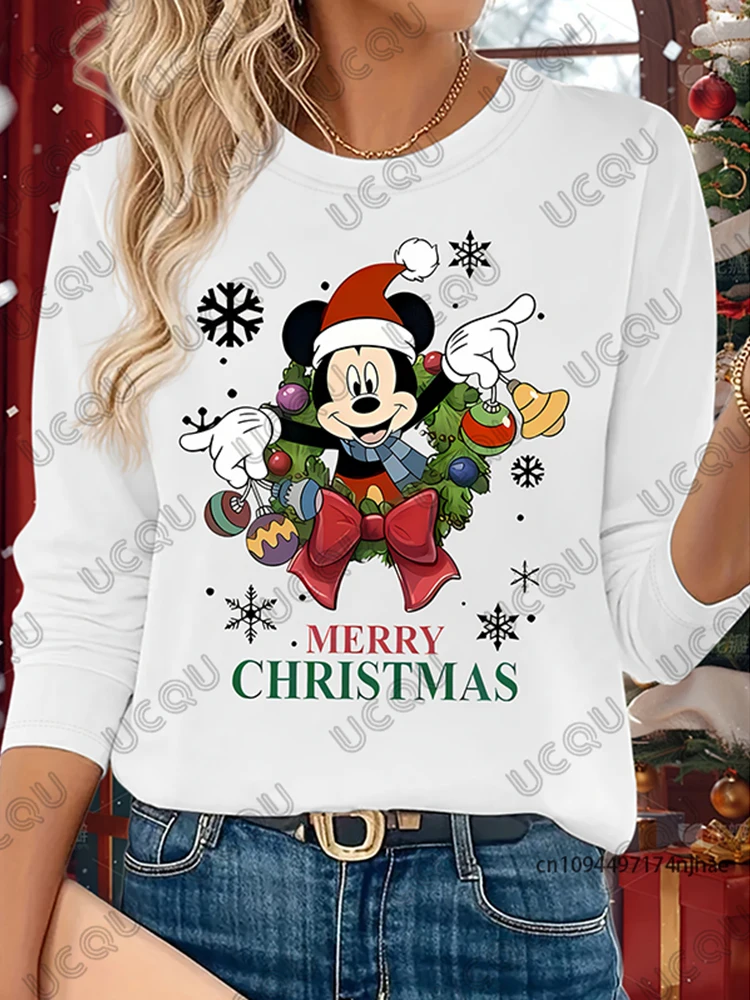

Christmas Cute Disney Mickey Minnie Print Long Sleeve T-shirt For Women Autumn Casual O-neck Tees Oversized Couple Y2K Tops