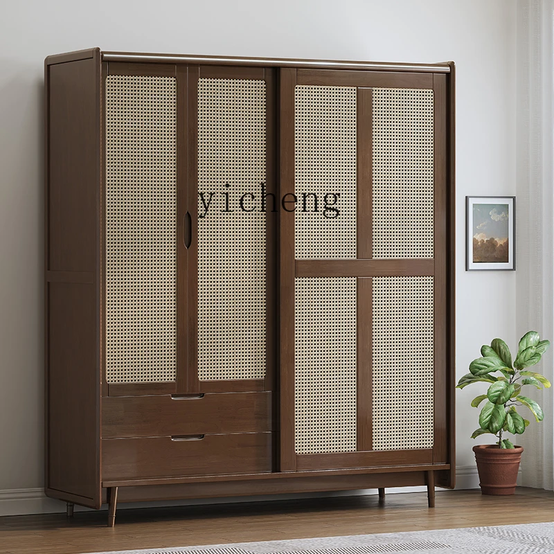 

TWR sliding door wardrobe home master bedroom storage full solid wood rattan wardrobe