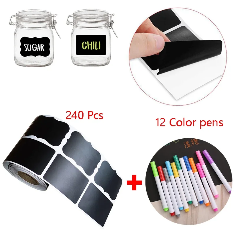 240Pcs Reusable Chalkboard Label Stickers for Bottles, Jars, Etc., Removable, Waterproof, Writable Stickers with Colored Pens