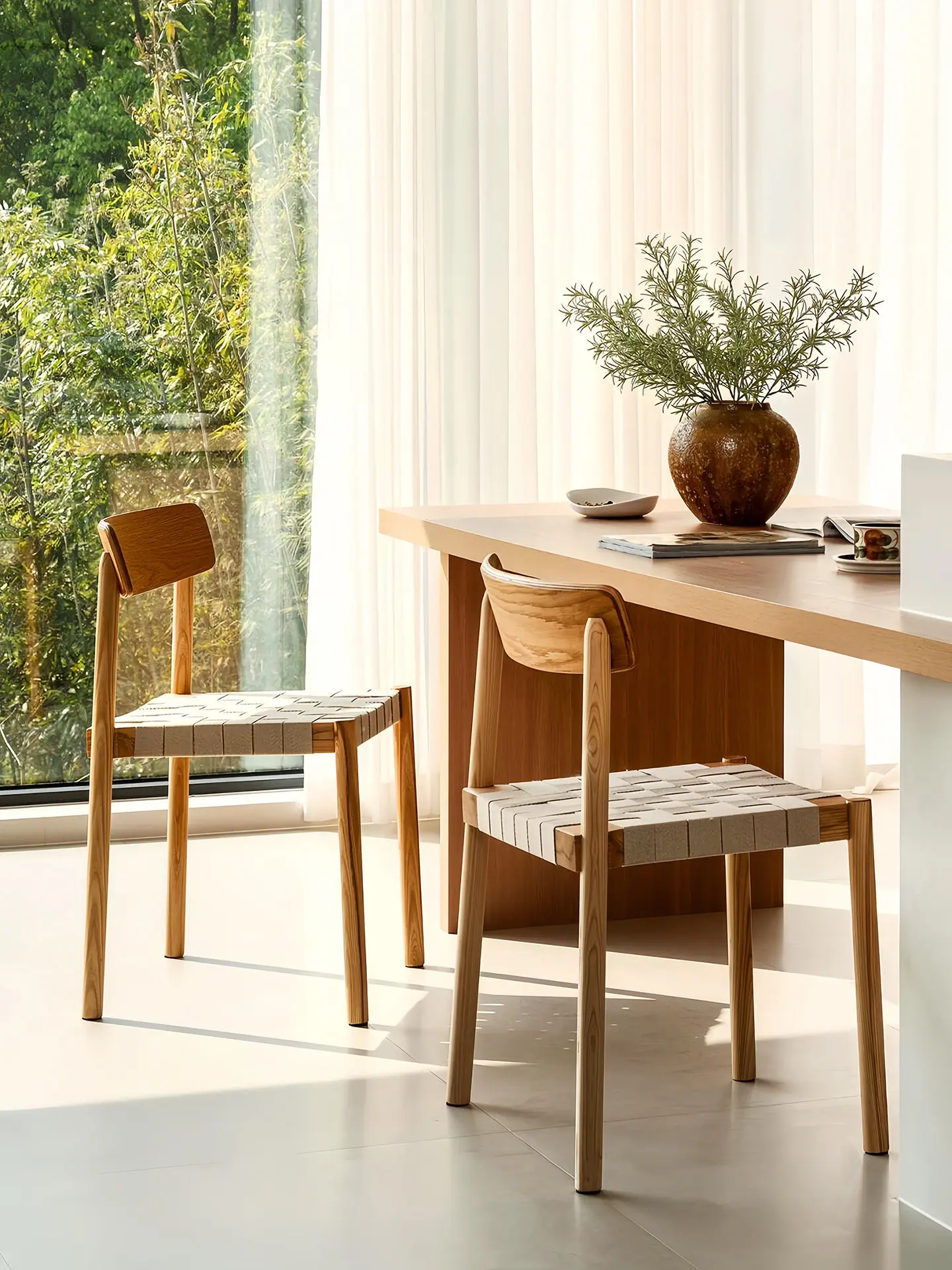 Retro dining chair, nylon woven backrest, home desk, minimalist bedroom