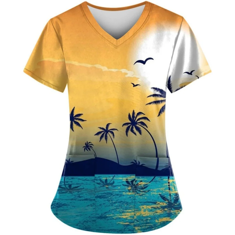 Uniformes cirúrgicos mulher coqueiro padrão 3d com decote em v bolso uniforme clínico mulher dos desenhos animados enfermagem manga curta esfrega mulher