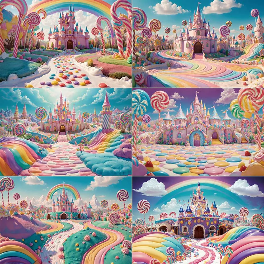 

MOON.QG Candyland Children's Deco Birthday Party Photo Booth Castle Rainbow Backdrop Photocall Studio Background Props Supplies