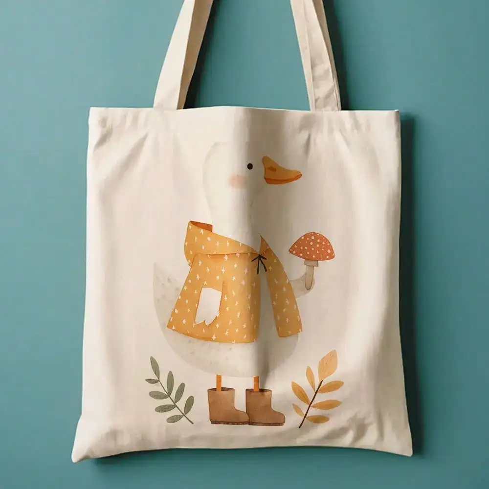 

Cute Duck With Mushroom Canvas Tote Bag - Reusable Grocery Bag, 13.8"X15.8" Durable Polyester Shoulder Bag For Daily Shoppin