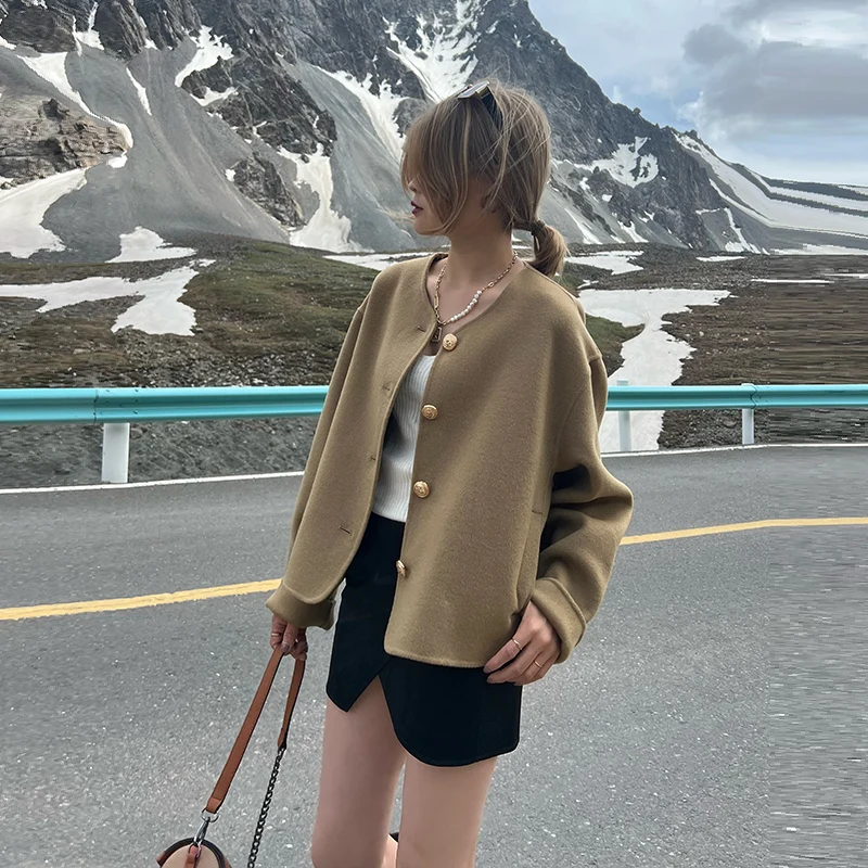 

Женское пальто из 100% чистой шерсти, повседневный короткий кардиган, пальто с круглым вырезом, корейская версия, модное свободное шерстяное пальто, однобортное