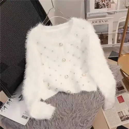 New Fashion Bead Imitation Mink Sweater Women Knitted Cardigan Autumn Winter Long Sleeve Short Loose knitwear Female Tops - Image 3