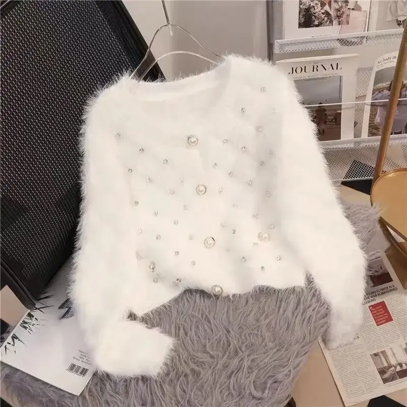 New Fashion Bead Imitation Mink Sweater Women Knitted Cardigan Autumn Winter Long Sleeve Short Loose knitwear Female Tops - Image 3