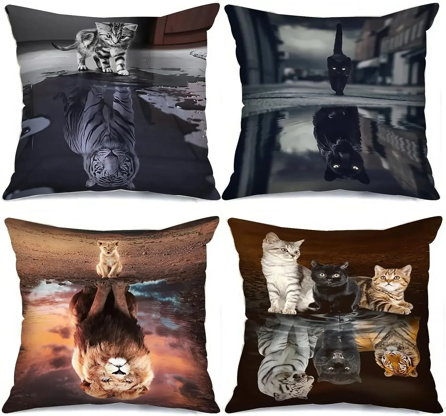 Animal Throw Pillowcase Cushion Cover Cat Reflection Lion Tiger Decorative Pillowcase Sofa Bed Patio Pillowcase45x45 pillow case